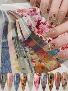 10片/包 复古宫廷风花叶蕾丝美甲箔转印贴纸 古诗水彩渐变大理石纹理剪影画 春夏浪漫婚礼美甲DIY美甲用品 女士及女孩适用（不粘手） - 彩色 - 查看 11