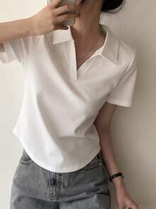 Women's Casual Short Sleeve White Polo Shirt, Asymmetric Hem, High Stretch Fabric, Fitted Sexy Style Crop Top, Suitable For Leisure & Daily Wear Summer - White - View 5