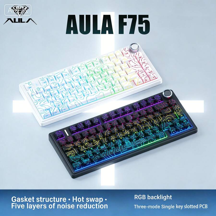 AULA F75 Tri-Mode Mechanical Keyboard, 75% Layout, Slotted PC Positioning Plate, Full-Key Hot-Swappable Switches, 4000mAh Large Battery, Multi-Function Metal Knob, PBT Keycaps, RGB Backlighting, Balancing Excellent Feel, Aesthetics And Multi-Scenario Adaptability.