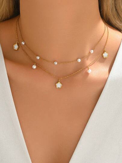 1pc Double-Layer Clover & Flower Pendant Necklace, Stainless Steel With Faux Pearl Decor Chain, Elegant & Fashionable Style Suitable For Women's Daily Wear Or Evening Party