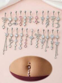 CIZME 1 chiếc khuyên rốn dáng dài gợi cảm bằng thép không gỉ màu bạc, trang sức xỏ rốn hình trái tim đính đá CZ và nơ, trang sức xỏ rốn, quà tặng cho phụ nữ và bé gái, thích hợp đeo hàng ngày, dự tiệc, đi chơi đêm, tụ họp xã hội. - Bạc - Xem 1