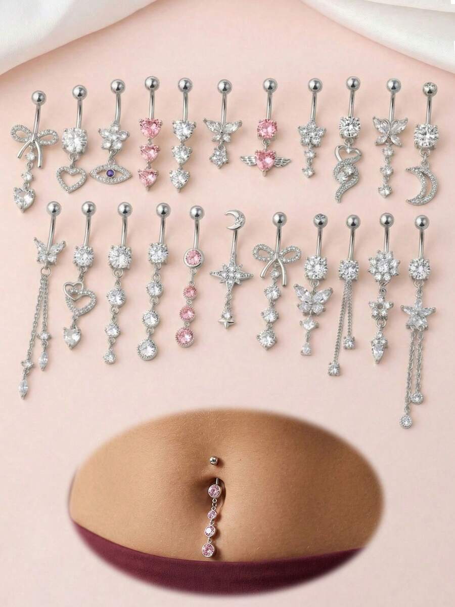 CIZME 1 chiếc khuyên rốn dáng dài gợi cảm bằng thép không gỉ màu bạc, trang sức xỏ rốn hình trái tim đính đá CZ và nơ, trang sức xỏ rốn, quà tặng cho phụ nữ và bé gái, thích hợp đeo hàng ngày, dự tiệc, đi chơi đêm, tụ họp xã hội. - Bạc - Xem 1