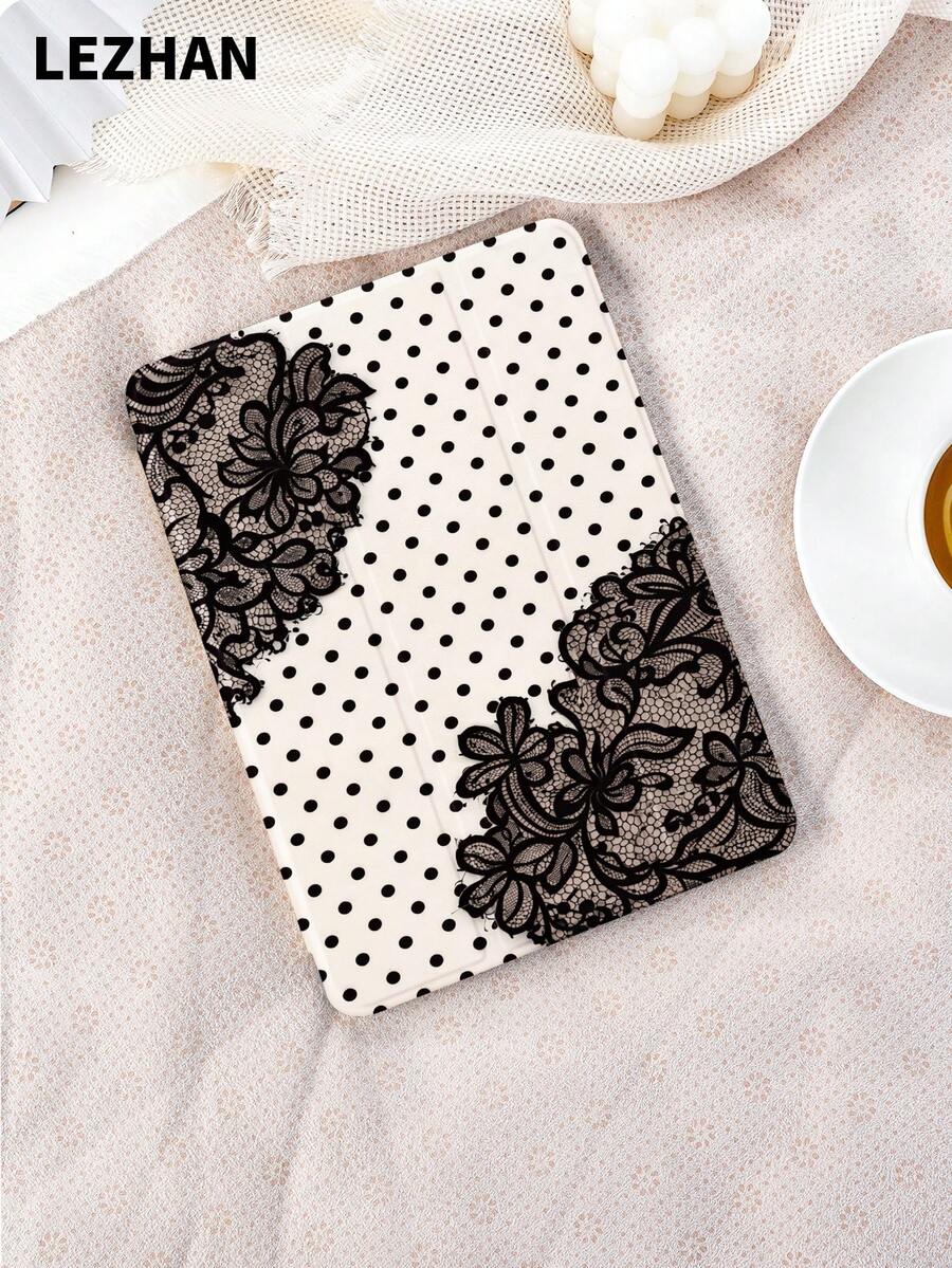 1 pieza Funda para tableta elegante y estilizada con estampado de lunares y flores de encaje negro, compatible con iPad (A16) de 11 pulgadas de 11.a generación 2025/10.a generación, 10.2 pulgadas, Pro 2021/2020, Galaxy Tab A8 de 10.5 pulgadas de 2022, Matepad 10.4/Tab, a prueba de golpes, con ranura para lápiz, compatible con modo de suspensión/activación, regalo para niños/familia, cumpleaños, aniversario, boda, regalo romántico y práctico - Multicolor - Ver 1