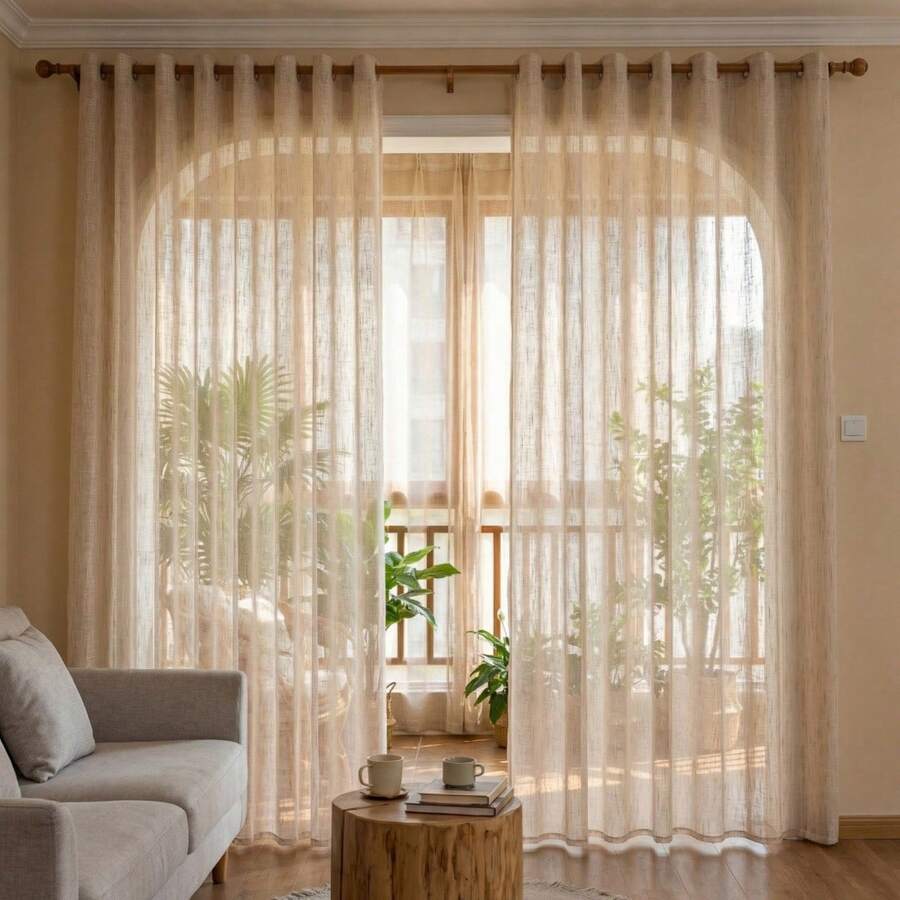 1pc European Style Minimalist Colorful Woven Thickened Linen Sheer Curtain, Suitable For Bedroom, Living Room, Balcony, Study, Partition, Provides Privacy, Multi-Color Options, All Season Use - Apricot - View 1