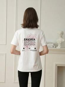 女士休闲圆领字母樱花印花短袖T恤，夏季 - 白色 - 查看 2