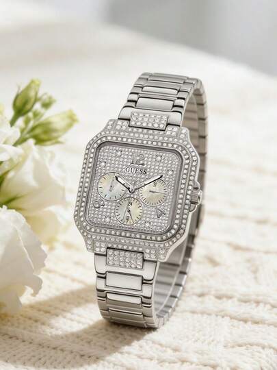 Guess 男士石英表 - 手工镶嵌锆石闪亮方形腕表。休闲风格，适合各种场合。提升您的时尚品味。GW0472L1