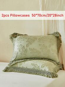2pcs Bohemian Style Green Leaf Pattern Cutout Tufted Pillowcase With Tassels, Vintage Farmhouse Decor Polyester Throw Pillow Cover, Suitable For All Seasons, Machine Washable, Pillow Insert Not Included - Green - View 13