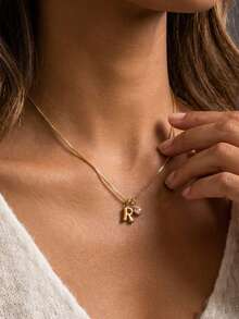 Dây chuyền vàng 18K đính đá quý theo tháng sinh, mặt dây chuyền chữ cái dạng hộp, có thể điều chỉnh độ dài, chống nước, không gây dị ứng, quà tặng Giáng sinh. - vòng cổ chữ cái đơn - Xem 7