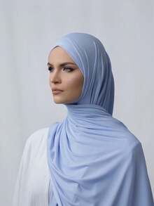 1pc Women's Minimalist Classic Solid Color Elegant Casual Fringe Scarf, Premium Knit Fabric Viscose Jersey Hijabs Scarf, Long Turban Style Headscarf, Suitable For Daily Life, Outings And Gatherings,Beach,Holiday - Baby Blue - View 2