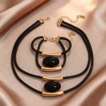 2pcs Bohemian Style Vintage Exaggerated Faux Turquoise Geometric Oval Necklace And Bracelet Set, Black Acrylic Pendant, Multi-Layer Personalized Minimalist Luxury Jewelry Gift - Geometry - View 4