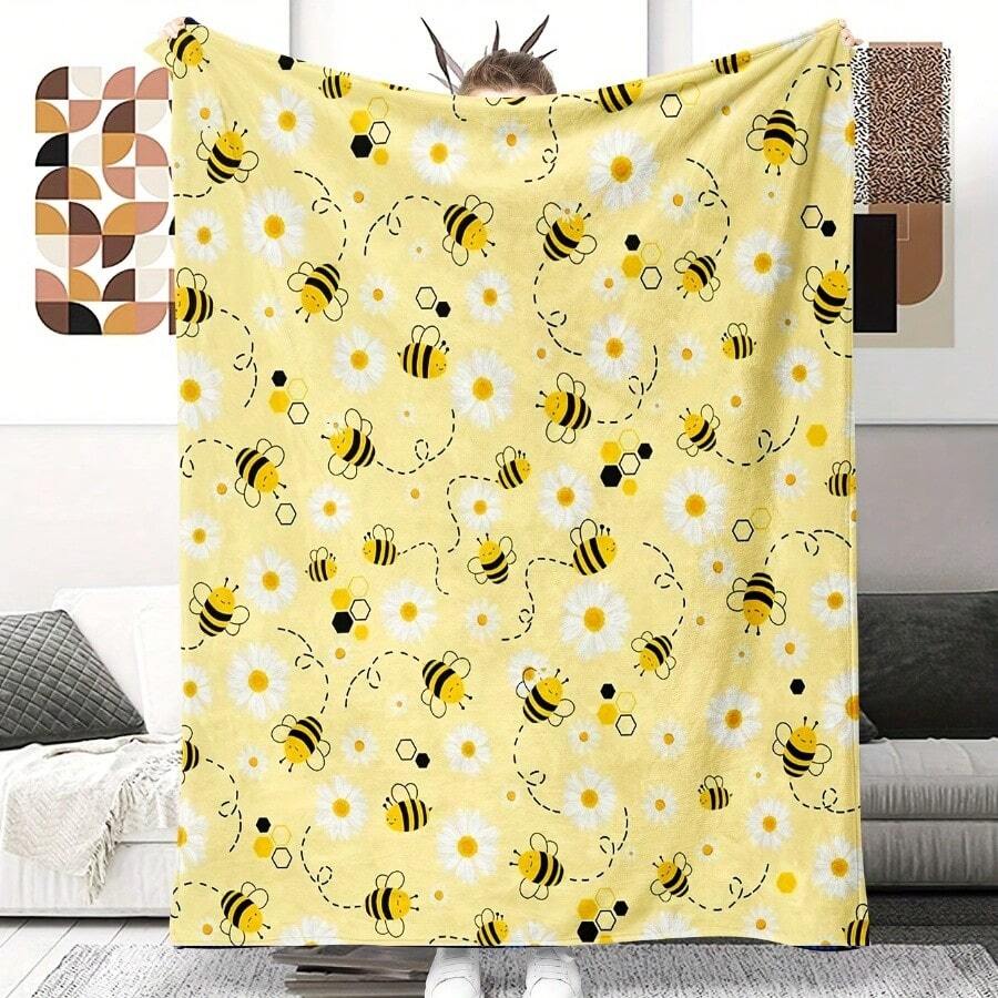 Lightweight Feel, Cozy Flannel Bee And Floral Blanket - Perfect Gift For Bee Lovers, Women, Family, Friends - Ideal For Home Decor, Sofa, Travel, Camping, Camping Blanket|Contemporary Style|Allseason Blanket, Cute Blanket - White - View 1