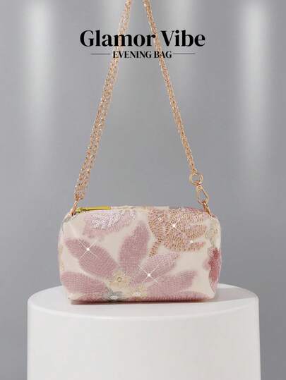 1 chiếc túi xách dạ hội màu hồng đính sequin họa tiết hoa, túi đeo vai dây xích dành cho nữ, túi vuông nhỏ sang trọng. Màu hồng đính sequin + họa tiết hoa thêu, dây xích kim loại có thể tháo rời, có thể xách tay hoặc đeo chéo, thích hợp làm ví cầm tay cho phù dâu, túi dự tiệc khiêu vũ, túi cưới cho phụ nữ tham dự các sự kiện trang trọng, đám cưới và dạ hội.