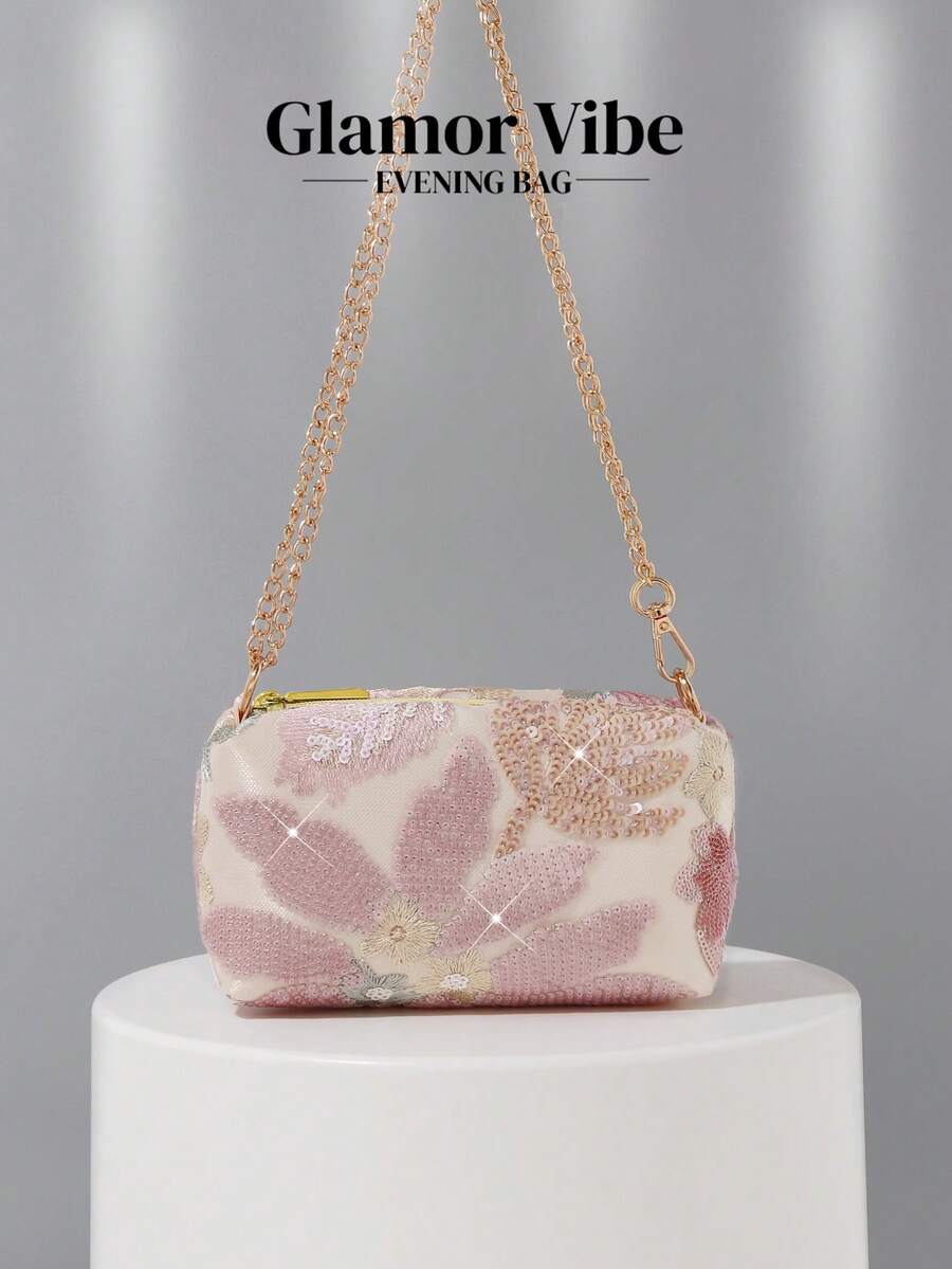 1 chiếc túi xách dạ hội màu hồng đính sequin họa tiết hoa, túi đeo vai dây xích dành cho nữ, túi vuông nhỏ sang trọng. Màu hồng đính sequin + họa tiết hoa thêu, dây xích kim loại có thể tháo rời, có thể xách tay hoặc đeo chéo, thích hợp làm ví cầm tay cho phù dâu, túi dự tiệc khiêu vũ, túi cưới cho phụ nữ tham dự các sự kiện trang trọng, đám cưới và dạ hội. - Hồng - Xem 1