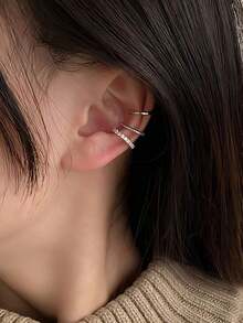 3pcs/Set Vintage C-Shape Crystal Ear Clips, Suitable For Women's Daily, Festival, Party Wear - Yellow Gold - View 3