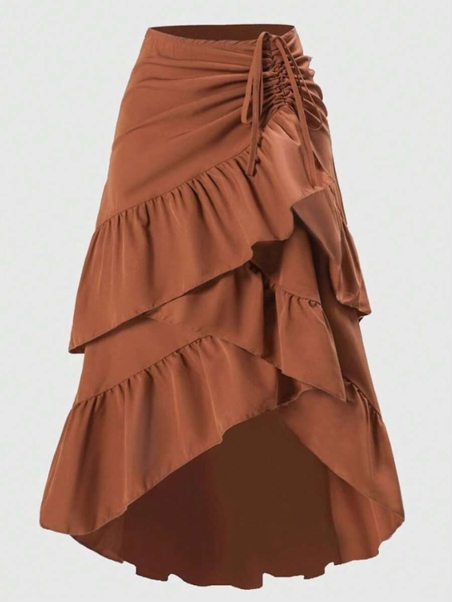 Women's Summer High Waist Patchwork Ruffled Hem Skirt, Elegant Sweet Fresh Daily Wear Spring - Brown - View 1