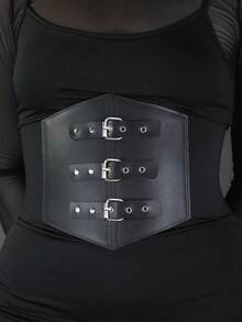 1 chiếc thắt lưng nữ màu đen, ba khóa cài, co giãn, có thể điều chỉnh kích cỡ, đa năng cho đi làm hàng ngày, dự tiệc và phối đồ. - màu đen - Xem 1