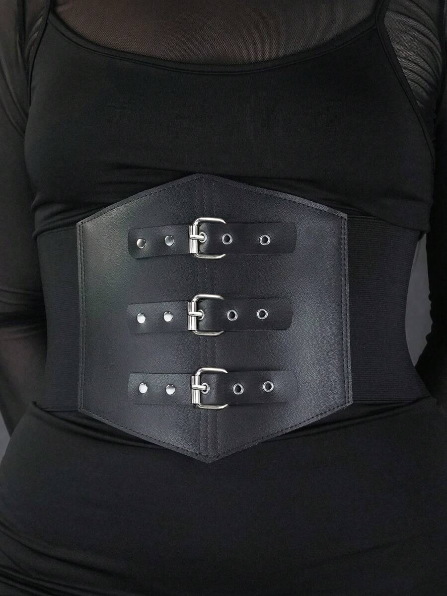 1 chiếc thắt lưng nữ màu đen, ba khóa cài, co giãn, có thể điều chỉnh kích cỡ, đa năng cho đi làm hàng ngày, dự tiệc và phối đồ. - màu đen - Xem 1