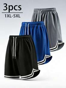 3pcs Plus Size Men's Summer Sports Basketball Shorts, Drawstring Elastic Breathable Quick-Dry Knee-Length Shorts - Multicolor - View 1