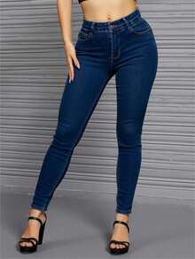 Jeans Vaqueros De Mezclilla Lisos Ajustados - Azul Marino - Ver 3