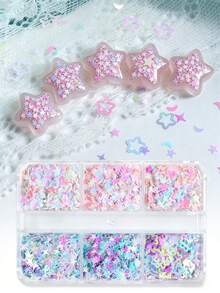 6格盒装美人鱼与星星系列闪光环氧树脂硅胶模具填充材料，炫彩混合风格贴纸，适用于DIY树脂工艺品 - 彩色 - 查看 2