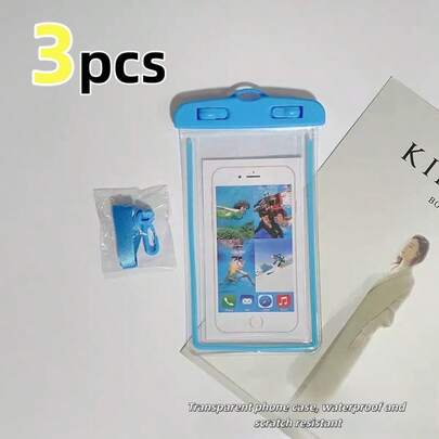 3 Túi đựng điện thoại trong suốt màu xanh dương chất lượng cao, chống thấm nước và chống trầy xước, có khóa cài - Thiết kế đèn ngủ, thích hợp cho bơi lội, lặn, các hoạt động ngoài trời, vật dụng cần thiết khi bơi | Chức năng đèn ngủ | Phụ kiện bơi lội.