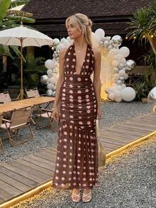 Elegant Halter Maxi Dress For Women, Polka Dot Print, Sleeveless, Open Back, Ideal For Parties And Date Nights. - 棕色 - 查看 2