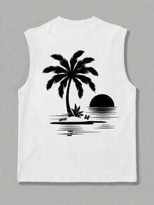 1pc Men's Casual Coconut Tree & Sun Print Round Neck Tank Top, Summer - White - View 2