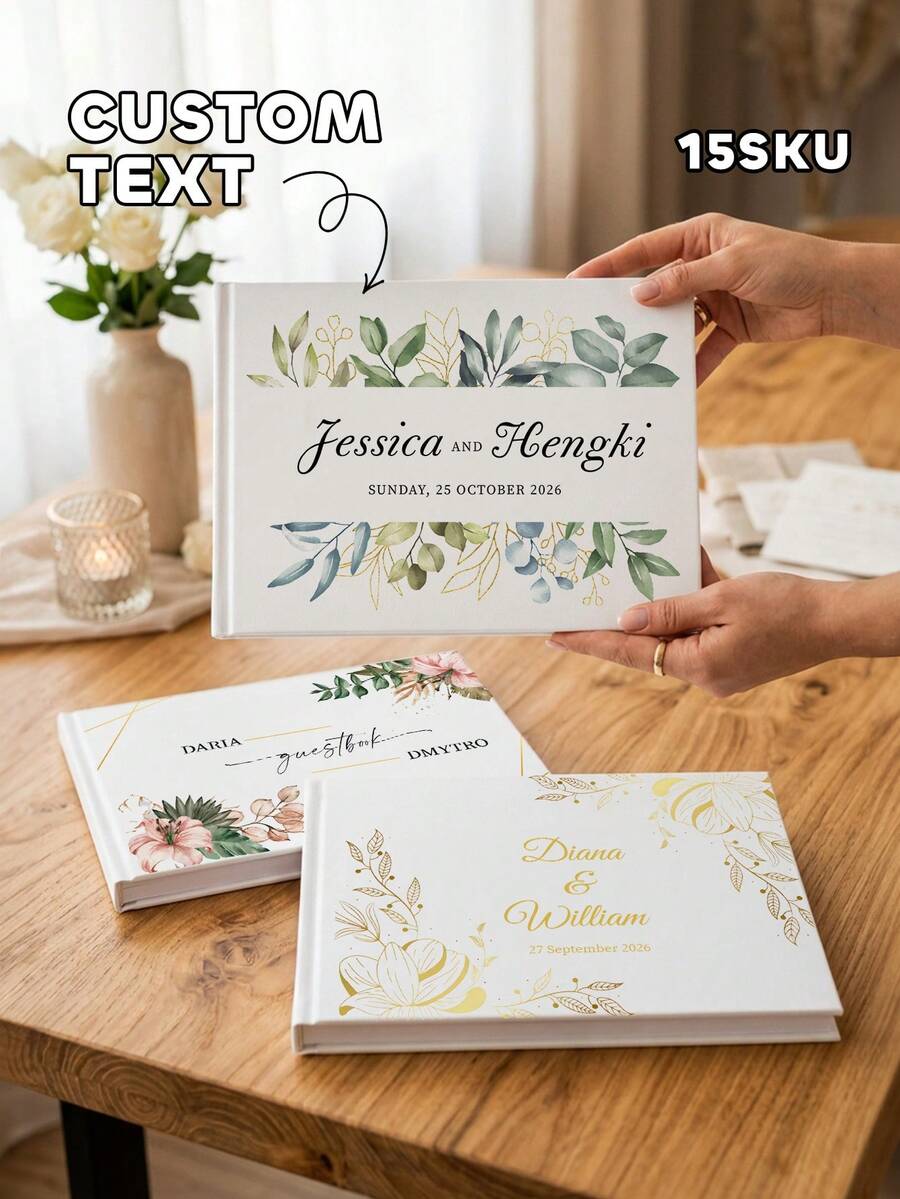 1pc Customized Wedding Guest Book With Watercolor Floral Design, Can Customize Couple's Names And Date, Unique Wedding Memorabilia, Suitable As Wedding Gift - Multicolor - View 1