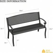 50" Outdoor Garden Bench With Armrests And Backrest, Waterproof Patio Metal Bench For Park, Porch, Backyard, Square Pattern Back - Black - View 2