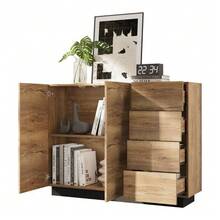 Chest Of Drawers, Sideboard; With Four Drawers And Two Doors; Suitable For Living Room And Kitchen; Black And Natural Tones, Dimensions: W120 X D35.5 X H90.5 Cm - Camel - View 4