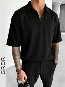 GRDR Men's Minimalist Airplane Collar Short Sleeve T-Shirt, Casual Commuter Wear - Black - View 1