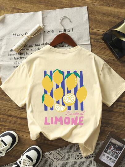 Camiseta de manga corta de cuello redondo con estampado de limón y letra INS, de moda simple y versátil, adecuada para mujeres