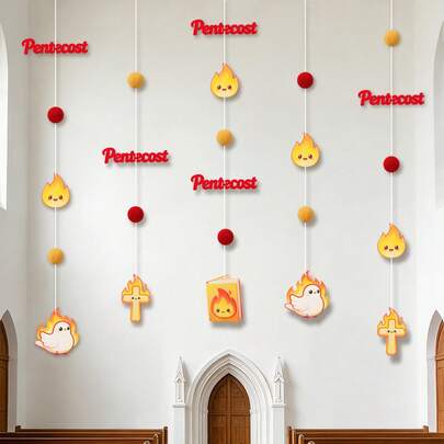 Decoraties voor een Pinksterfeestachtergrond, kerkelijke accessoires met rood vlammenkruis en duif, benodigdheden voor een christelijke doop.