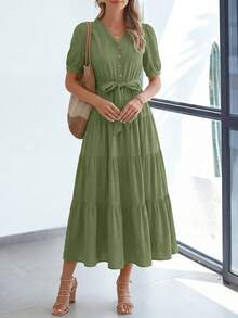 Women's Summer Dresses For Elegant Classy Short Sleeve V Neck Ruffle A Line Belted Long Flowy Beach Vacation Dress Easter Dresses For Women - 青色 - 查看 5