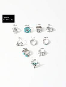 Set de 10 anillos vintage con turquesa falsa, anillos con diseño de cabeza de toro y árbol tallado en óvalo de turquesa falsa para mujeres - Plateado - Ver 6