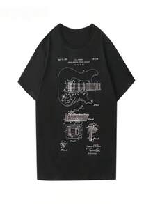 Fender Electric Guitar Short Sleeved T-Shirt Boys Guitarist Performance Outfit Rock Band Cotton Streetwear Oversize Loose Casual - Black - View 1