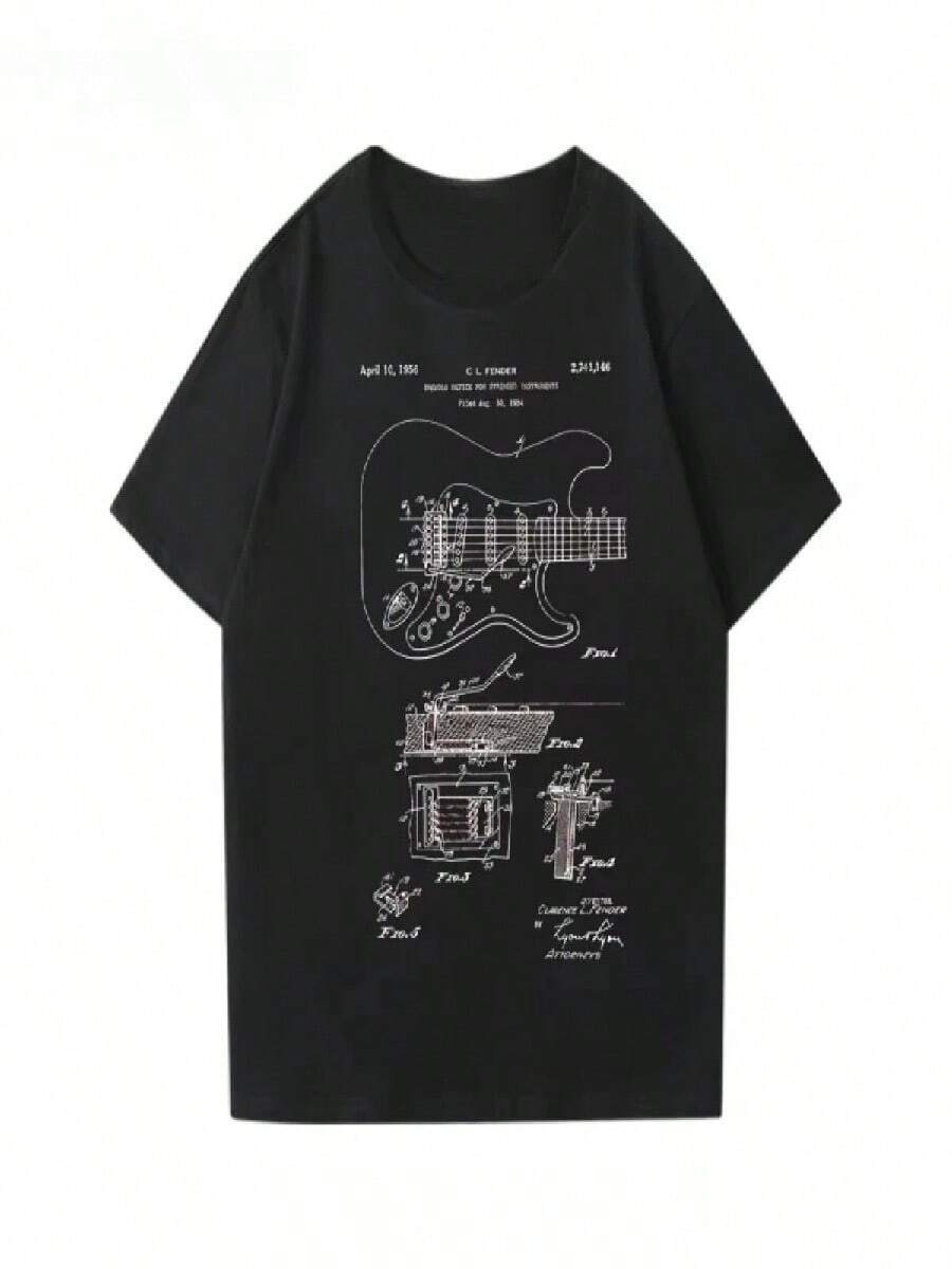 Fender Electric Guitar Short Sleeved T-Shirt Boys Guitarist Performance Outfit Rock Band Cotton Streetwear Oversize Loose Casual - Black - View 1