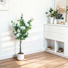 Lot de 2 rosiers artificiels, 120 cm, plante artificielle moderne avec fleurs en soie, feuilles en plastique et pot blanc - Décoration sans entretien pour la maison ou le bureau - Blanc - Voir 4
