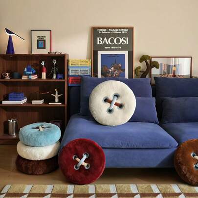 1 st 40 cm dekorativ kudde med fuskknappar, soffkudde, bilnackstöd, rund golvmatta för hemmet, festen, aktiviteten