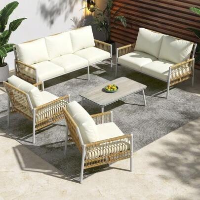 Gartenmöbel-Set 7-Sitzer,7 Sitzplätze, 1 Couchtisch, PE-Rattan, Verzinktes Stahlrohr, Gehärtetes Glas (Massivholzmaserung Imitiert), Sitzkissen Abnehmbar Und Waschbar, Beige