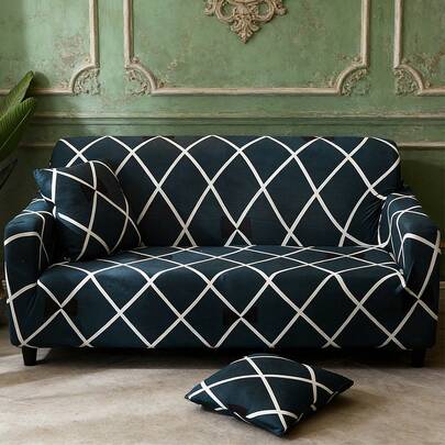 1pc Stretch Full Cover Sofa Slipcover, Geometric Pattern, Modern Style Polyester Fabric, Machine Washable, Protects Sofa, Dust & Dirt Resistant