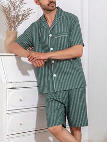 男士条纹印花短袖短裤两件套睡衣套装，夏季 - 彩色 - 查看 5