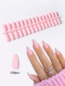 150 móng tay giả hình hạnh nhân màu hồng, thiết kế kiểu Pháp tối giản, móng tay giả acrylic dài hình hạnh nhân, miếng dán móng tay hình hạnh nhân kiểu Pháp phù hợp cho phụ nữ đi làm và dự tiệc hàng ngày. - Hồng - Xem 6