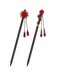 2026 New  2 Pieces Chinese Wooden Hair Sticks Retro Wooden Hairpins Japanese Classic Hair Chopsticks Handmade Flower Accessories For Women (Classic Style 2pcs) - 經典風格 - 查看 1