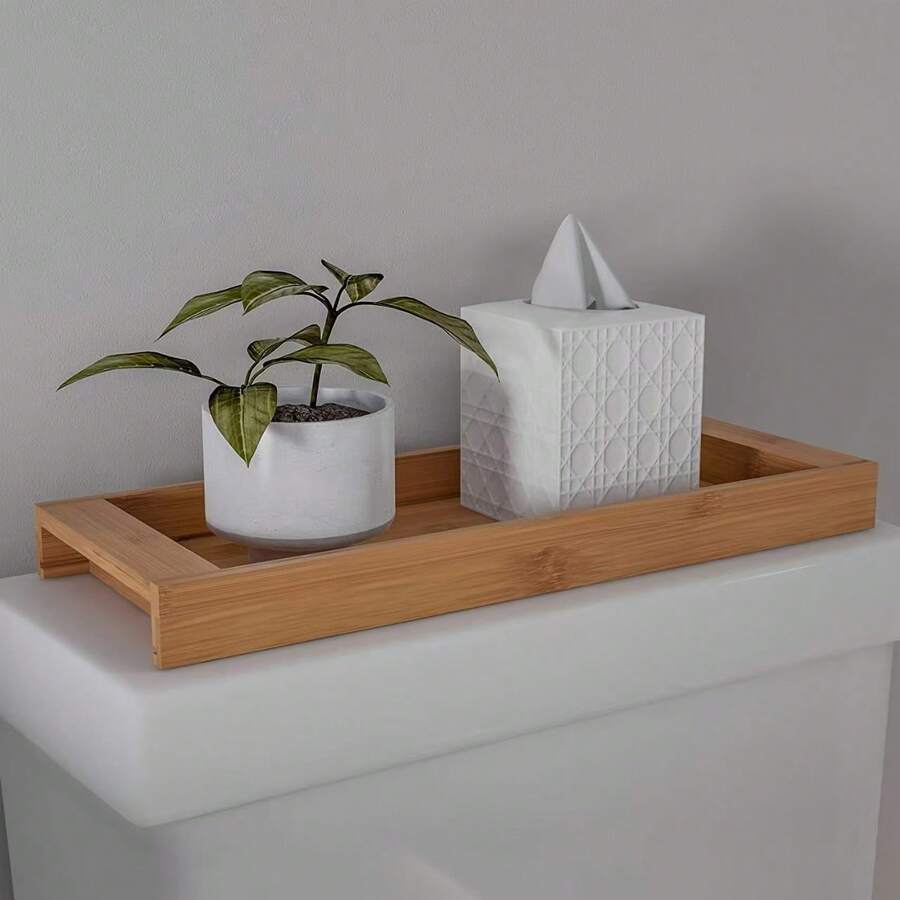 1pc Bamboo Bathroom Tray, Towel, Tissue, Cosmetic Storage Organizer, Multi-Functional For Bathroom, Bedroom - C-Wood Color - View 1