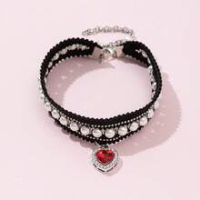 Collar ajustable para mascotas, collar de gato y perro, collar de mascota duradero y de moda, accesorio de mascota con colgante de corazón de perla, cinta, encaje y diseño de gemas de color rojo, azul y multicolor, regalo perfecto para mascotas pequeñas - Rojo - Ver 13