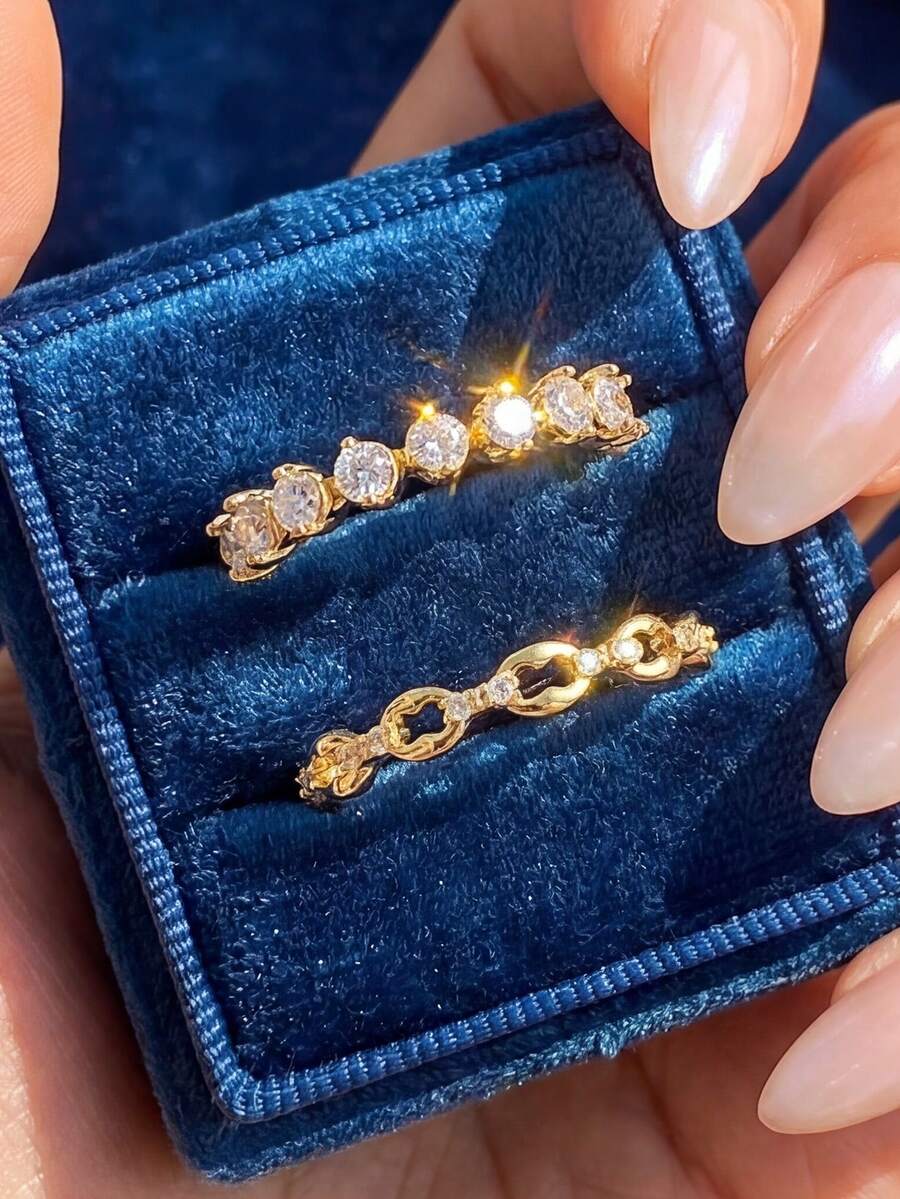 Bộ 1 nhẫn bạc 925 cao cấp, kiểu dáng tối giản, đính đá Cubic Zirconia, thích hợp cho nữ giới đeo hàng ngày, dự tiệc sinh nhật, làm quà tặng ngày Valentine và trong lễ cưới. - Vàng - Xem 1