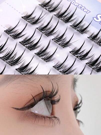 60 Clusters Pre-Tipped C-Curl Pointed Manga-Style Eyelashes Glue-Free Reusable Individual Cluster Press-On Eyelashes Self-Adhesive Eyelash Extensions Set Long-Lasting Eyelash DIY Eyelash Woman & Girl Makeup Tool