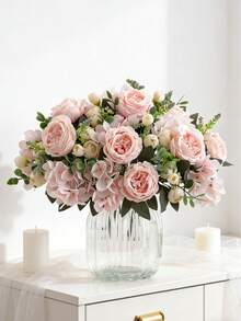 1/3束粉色人造绣球花和牡丹玫瑰花束，适合家居、婚礼、新娘装饰、情人节礼物 - 淺粉色 - 查看 4