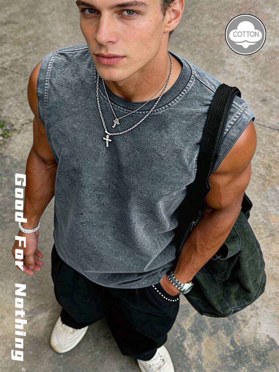 超大款做旧灰色无袖背心，宽松复古水洗风格，宽肩剪裁，休闲百搭夏季单品 - 霧霾藍 - 查看 1